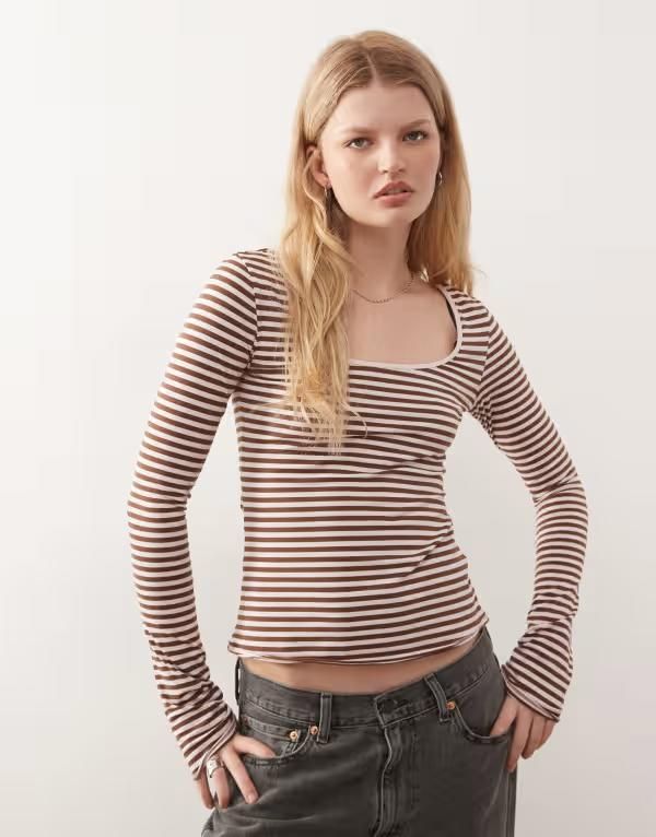 モンキ レディース トップス タンクトップ Monki Nova long sleeve top and pink stripes BROWN PINK STRIPES ピンク