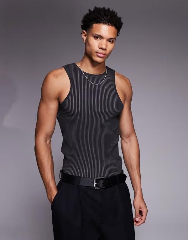 エイソス メンズ トップス ベスト ASOS DESIGN muscle square neck tank top in oil washed black riblack ブラック