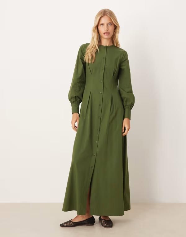 エイソス レディース トップス ワンピース マキシワンピース マキシ  DESIGN round neck puff sleeve button through maxi dress Mid Green グリーン