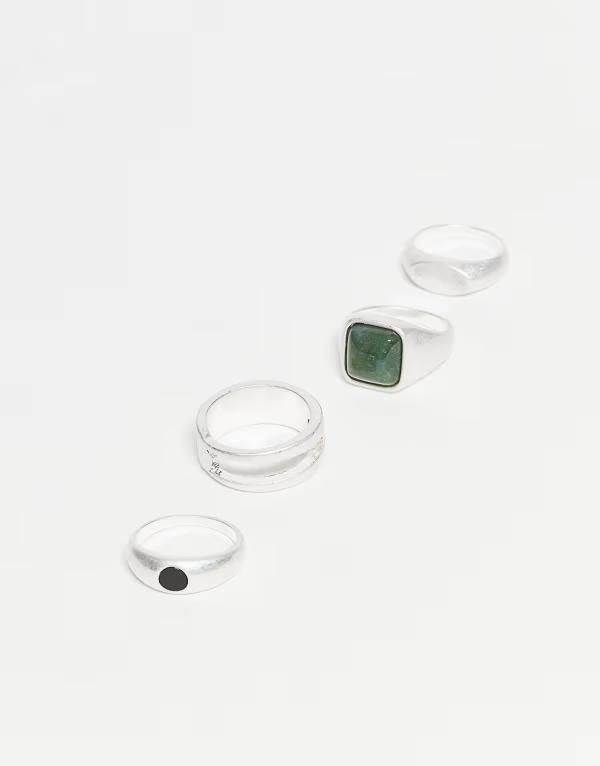 エイソス メンズ アクセサリー リング ASOS DESIGN 4 pack chunky style rings with semiprecious moss and black agate stones in brushed silver tone SIL
