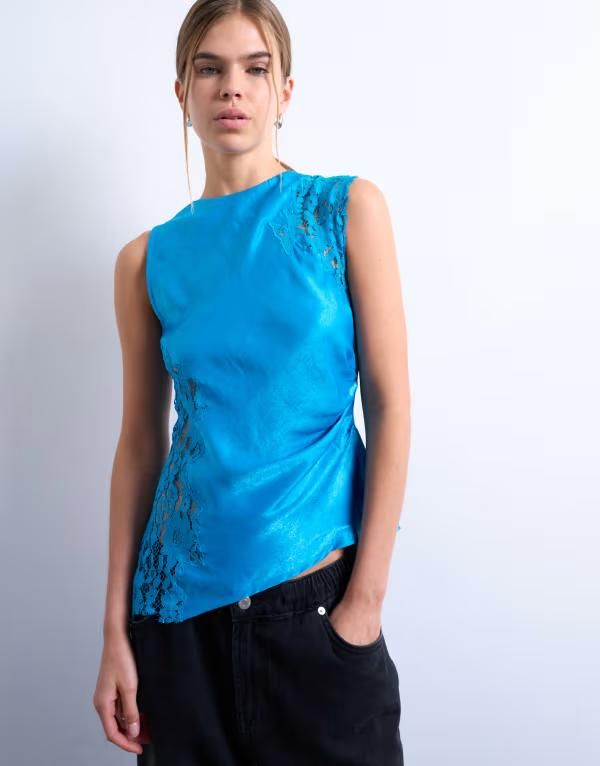 トップショップ レディース トップス タンクトップ レース Topshop lace inserts grown on shoulders top in deep Deep blue ブルー