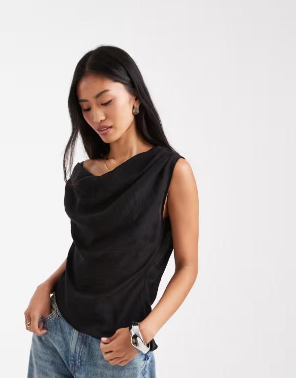エイソス レディース トップス タンクトップ ドレープ オフショルダー シアー ASOS DESIGN offshoulder draped sheer top Black ブラック