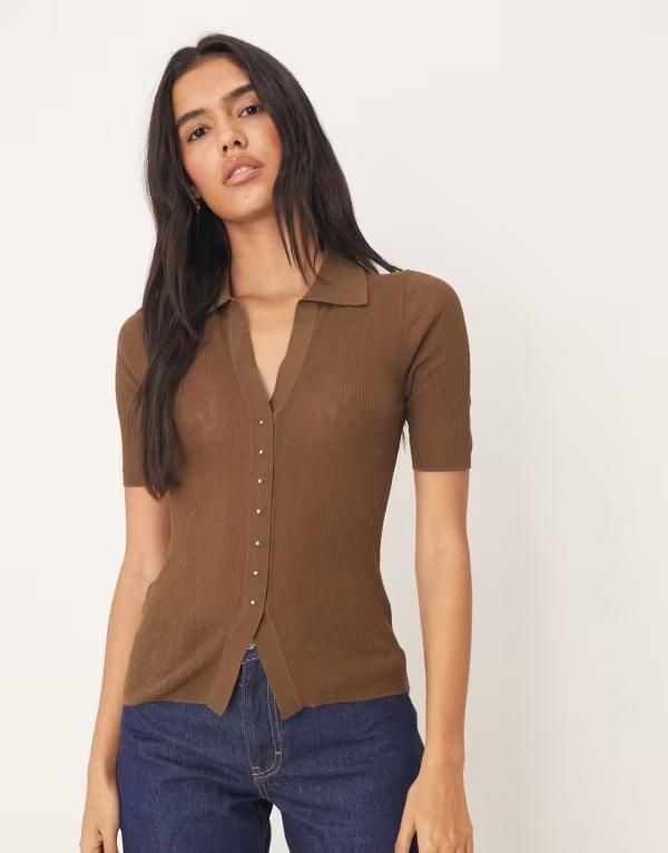 マンゴ レディース トップス ポロシャツ Vネック ニット Mango v necknit short sleeve polo top BROWN ブラウン