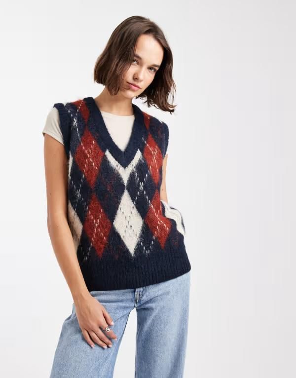 オンリー レディース トップス ベスト ニット ONLY fluffy knit vest argyle NAVY ネイビー