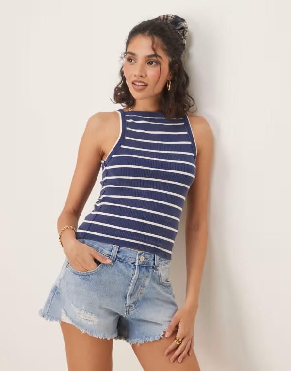 フリーピープル レディース トップス タンクトップ リブ Free People mia striped ribbed tank top Navy combo ネイビー