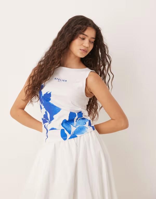 エイソス レディース トップス ベスト フラワー柄 フラワー グラフィック ASOS DESIGN boat neck tank top with photographic floral WHITE ホワイト