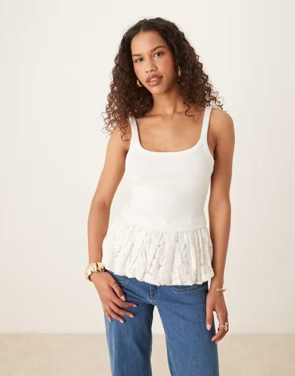 エイソス レディース トップス ベスト レース ASOS DESIGN bubble lace hem tank top WHITE ホワイト