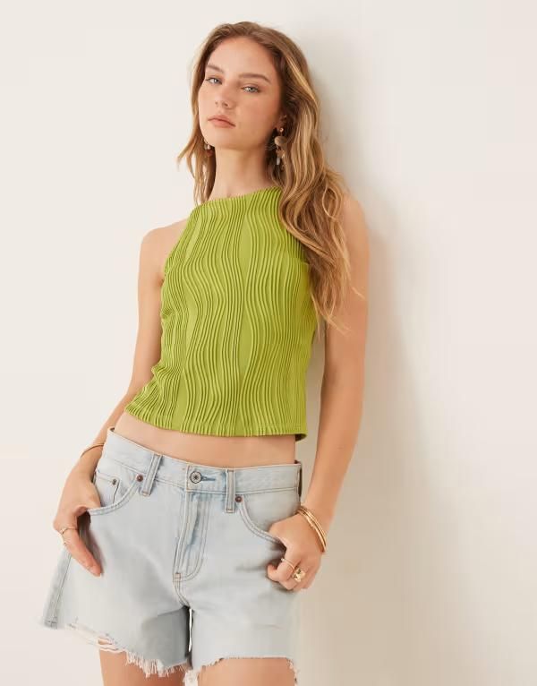 ジェイディーワイ レディース トップス タンクトップ ハイネック JDY high neck textured tank top in lime GREEN グリーン
