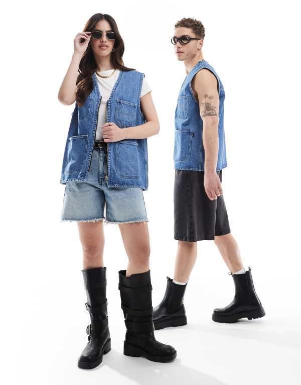 ドクターデニム レディース トップス ベスト コントラスト Dr Denim unisex Denver Worker Vest zip up workwear vest in stream sku retro contrast wash Midwash bl の商品写真