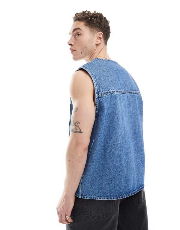 ドクターデニム レディース トップス ベスト コントラスト Dr Denim unisex Denver Worker Vest zip up workwear vest in stream sku retro contrast wash Midwash bl
