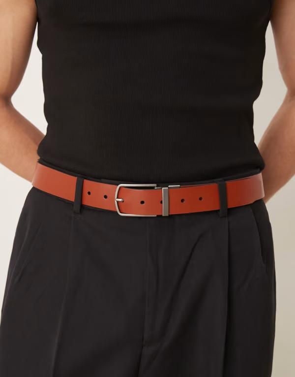 エイソス メンズ アクセサリー ベルト レザー ASOS DESIGN reversible leather belt and tan BROWN ブラウン