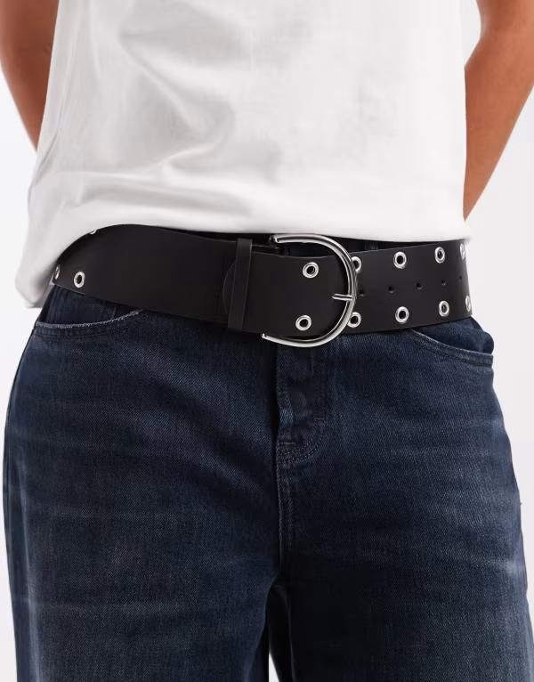 エイソス レディース アクセサリー ベルト ASOS DESIGN wide lowaist belt with grommet detailing Black ブラック