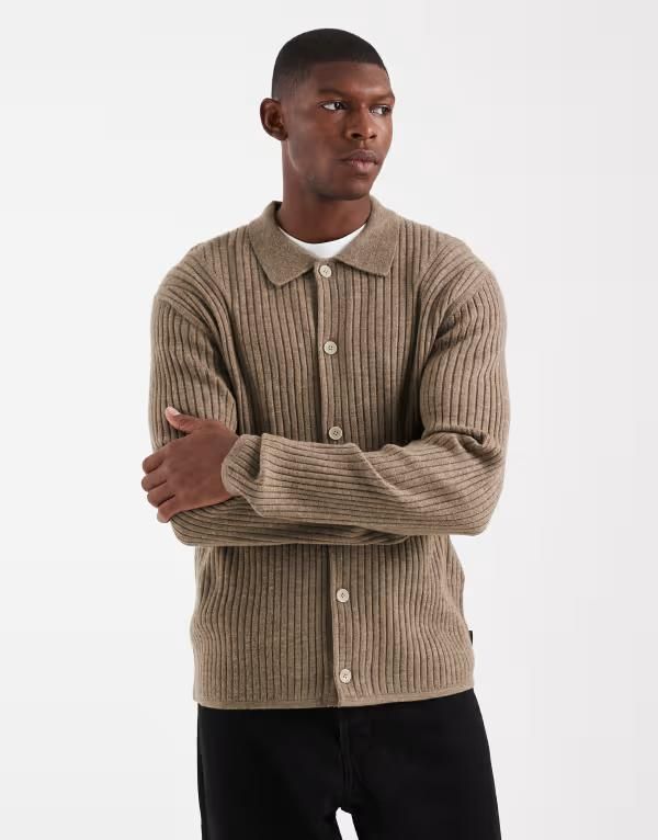 ジャック アンド ジョーンズ メンズ アウター カーディガン リブ Jack Jones Premium ribbed cardigan with collar Brindle ベージュ