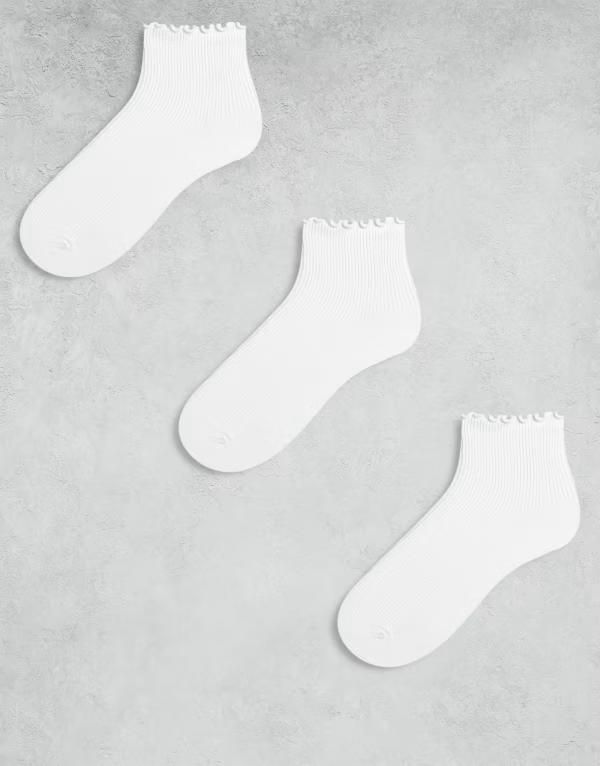 モンキ レディース アンダーウェア 靴下 アンクル Monki 3 pack ankle socks with frill edge White ホワイト