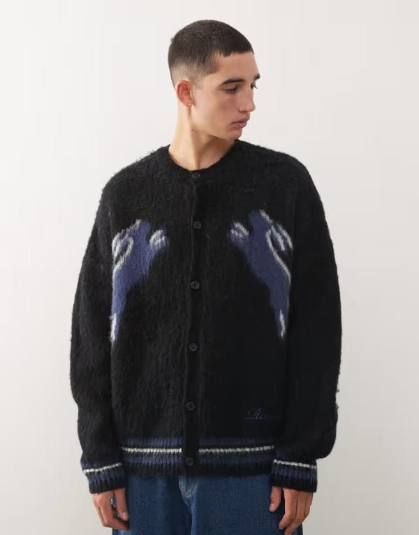 リクレイム ヴィンテージ メンズ アウター カーディガン クルーネック ニット Reclaimed Vintage boxy crew neck knit cardigan with hare intarsia Navy ネイビー