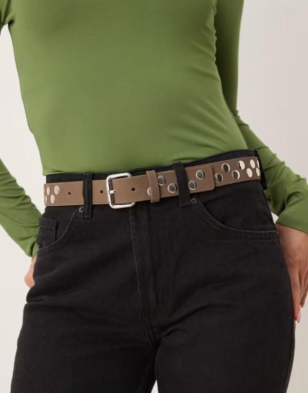 マンゴ レディース アクセサリー ベルト スエード Mango suede studded belt in mushroom