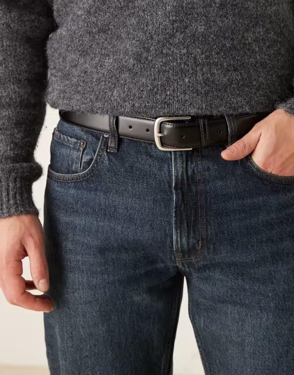 エイソス メンズ アクセサリー ベルト レザー ASOS DESIGN smart leather belt with silver buckle Black ブラック