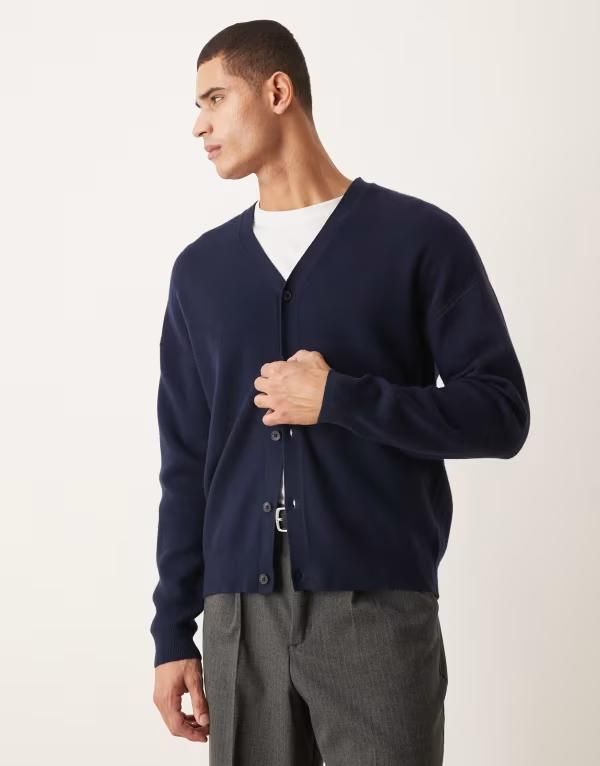 エイソス メンズ アウター カーディガン Vネック ニット ASOS DESIGN relaxed knit vneck cardiganAVY ネイビー 12,854円