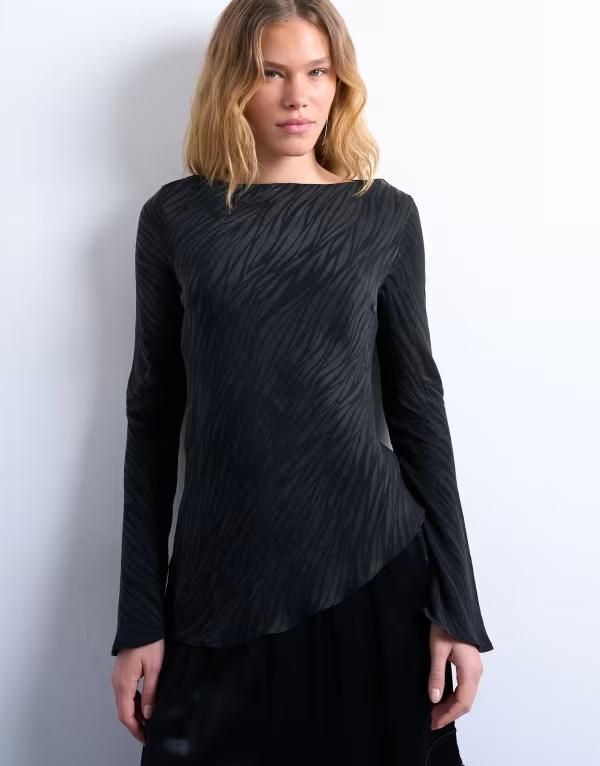 トップショップ レディース トップス タンクトップ Topshop jacquard zebra slash neck long sleeve top Black ブラック