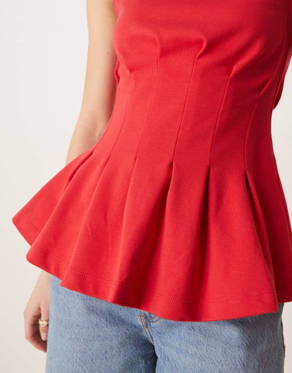 エイソス レディース トップス タンクトップ プリーツ ASOS DESIGN boat neck pleated waist tank top RED レッド エイソス レディース トップス タンクトップ プリーツ ASOS DESIGN boat neck pleated waist tank top RED レッド