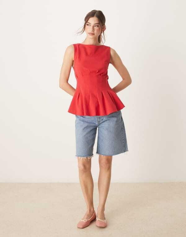エイソス レディース トップス タンクトップ プリーツ ASOS DESIGN boat neck pleated waist tank top RED レッド エイソス レディース トップス タンクトップ プリーツ ASOS DESIGN boat neck pleated waist tank top RED レッド