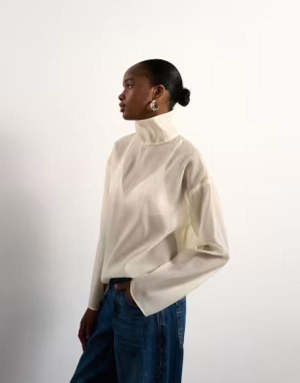 トップショップ レディース トップス タンクトップ スタンドネック Topshop funnel neck long sleeve organza top in champagne シャンパン