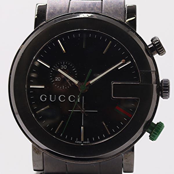 良品 稼働 グッチ Gクロノ 101M QZ ブラック文字盤 メンズ腕時計 2000000 5JWY MTM ABC22960