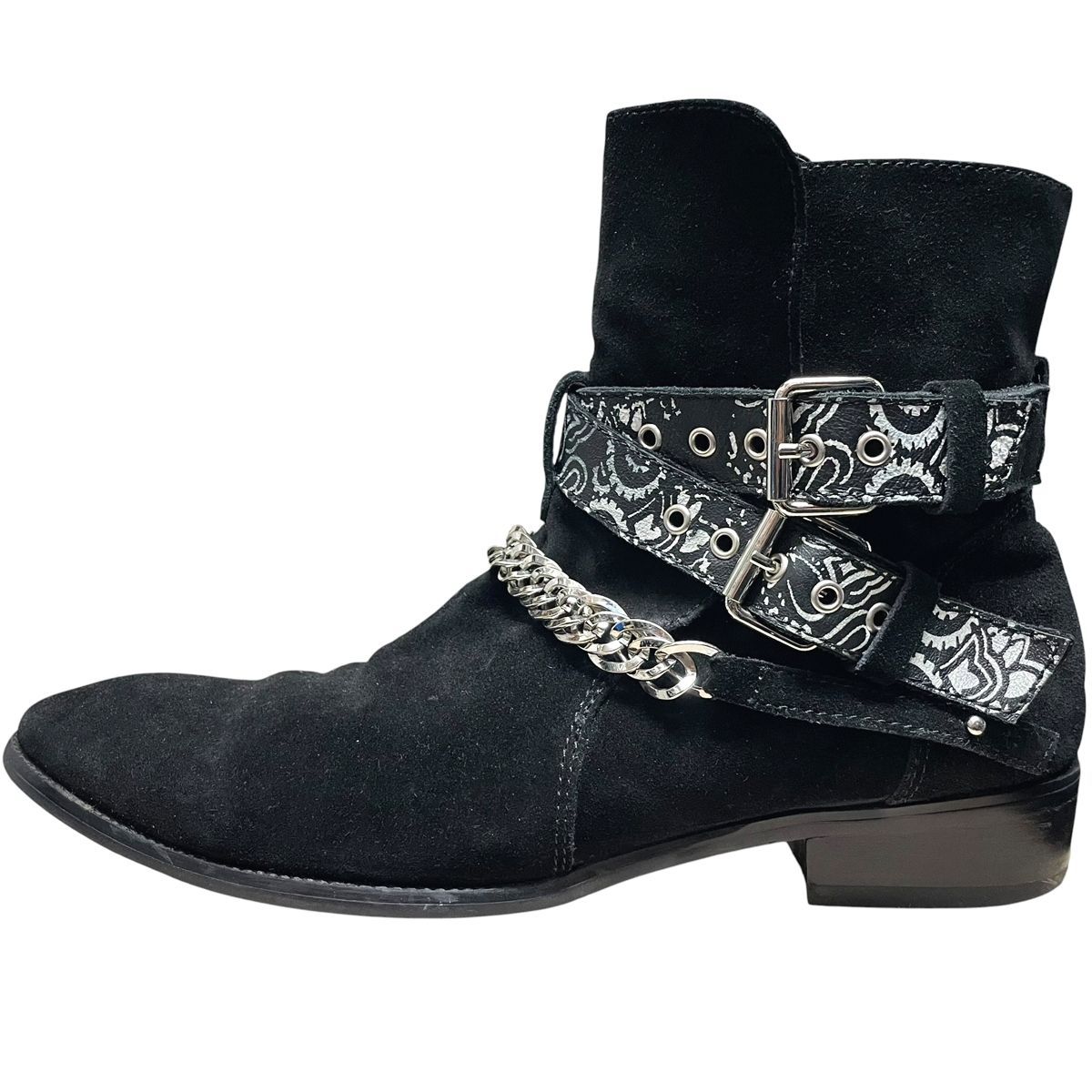 【中古】 AMIRI アミリ 22SS バンダナ柄 アンクルバックルブーツ XMFB011 黒 サイズ43 28cm ローヒール スエード メンズ 23018701 MK