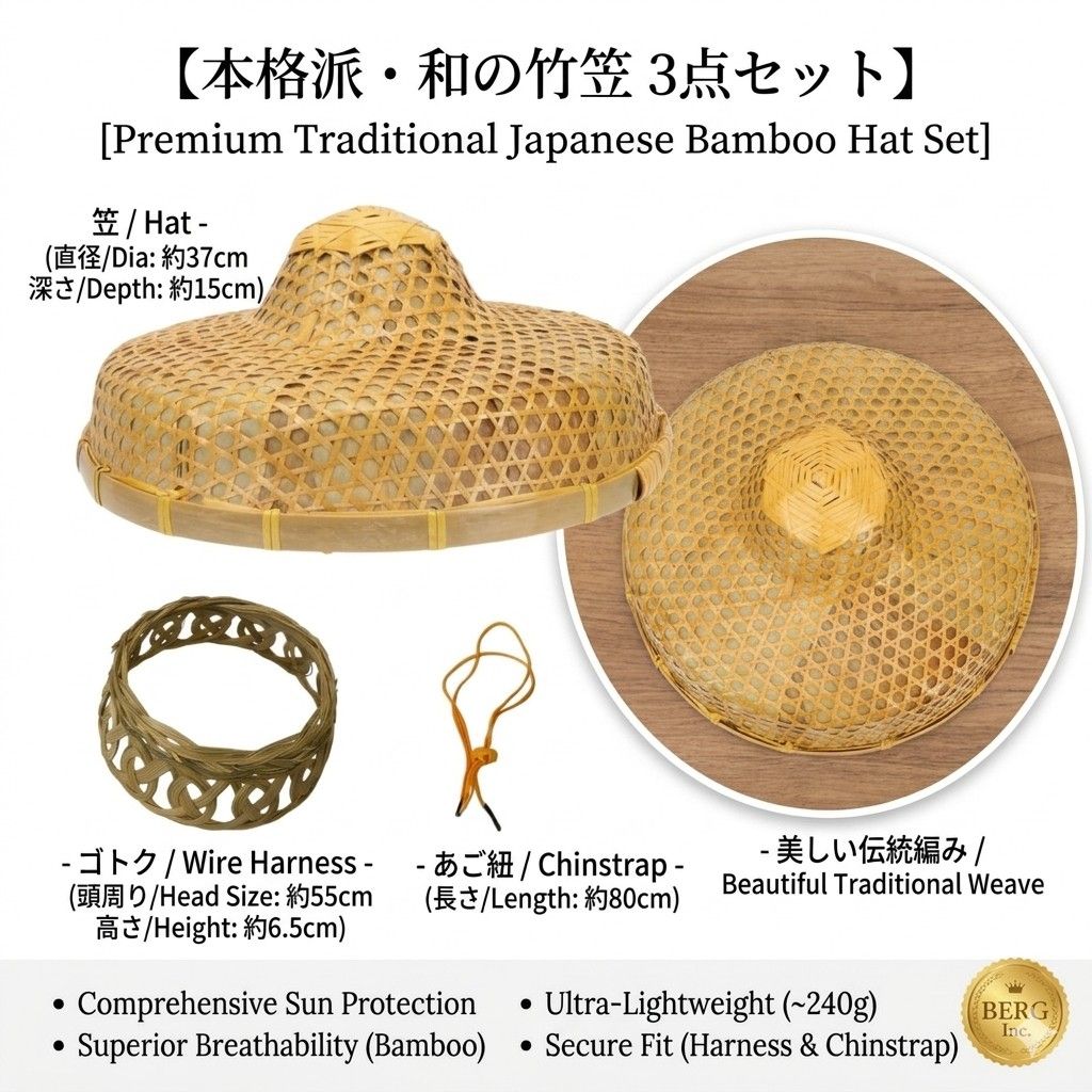 新品★バンブーハット 竹笠★天泣の笠/あご紐 五徳付 日よけ 釣り 農作業 ガーデニング コスプレ 侍 忍者 舞台衣装 通気性 紫外線対策 軽量 240g