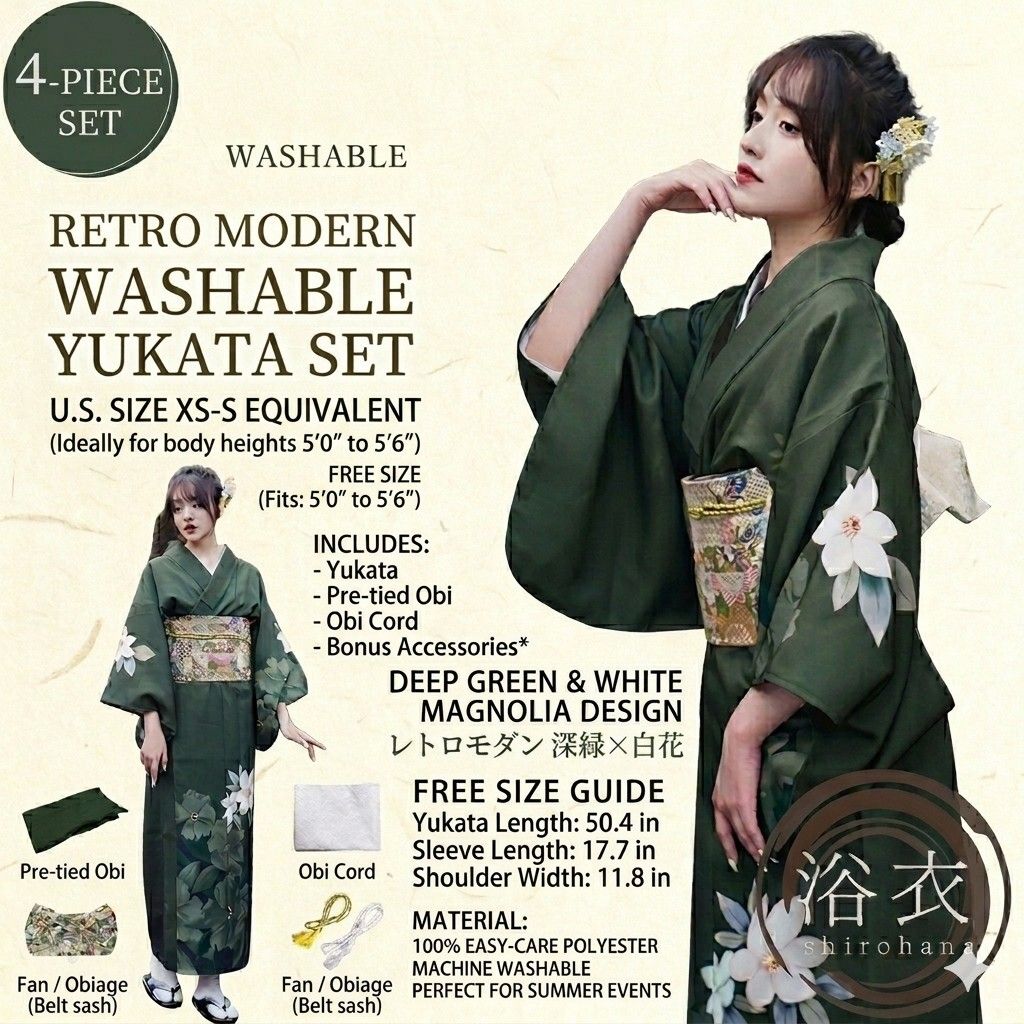 New★Japanese Yukata Kimono 4pc Set★Washable Retro Modern Dark Green Magnolia Floral Design★Fits US XS-S with Pre-tied Obi Belt