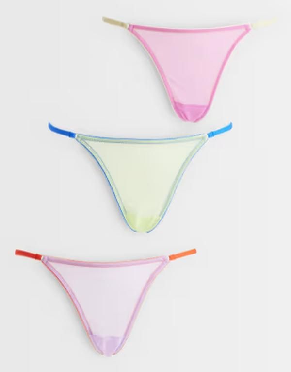エイソス レディース アンダーウェア ブリーフパンツ メッシュ シアー コントラスト ASOS DESIGN 3 pack sheer mesh tanga thong with contrastrim in lilac blue lime LILAC BLU
