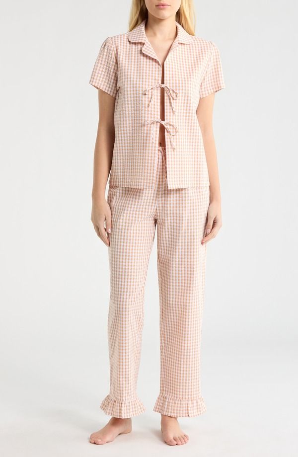 フレンチコネクション レディース アンダーウェア ナイトウェア ギンガムチェック ギンガム French Connection Gingham Seersucker Pajamas Tan Combo タン
