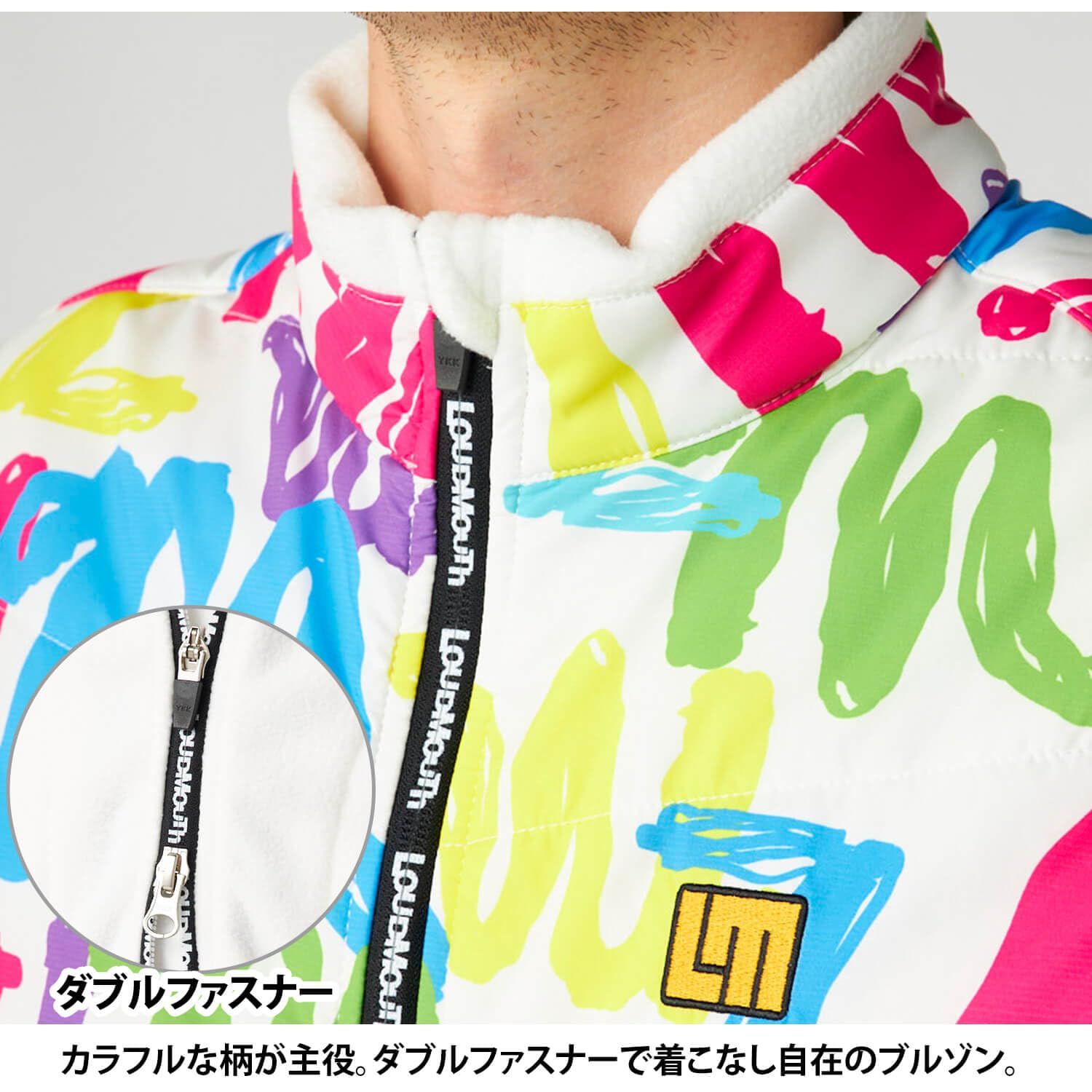 新品 LOUDMOUTH ラウドマウス ゴルフウェア 中綿入り ストレッチ 総柄 ハイネック フルジップ フリースベスト 775202