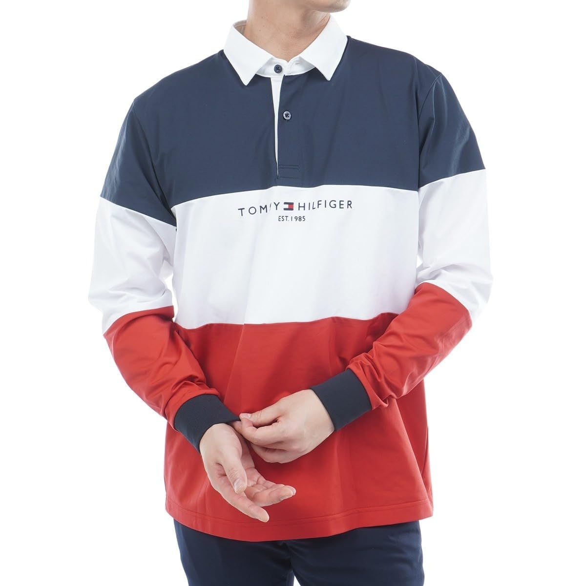新品 TOMMY HILFIGER GOLF(トミー ヒルフィガー ゴルフ) メンズゴルフウェア カラーブロック ラガーシャツ レッド LLサイズ THMA553