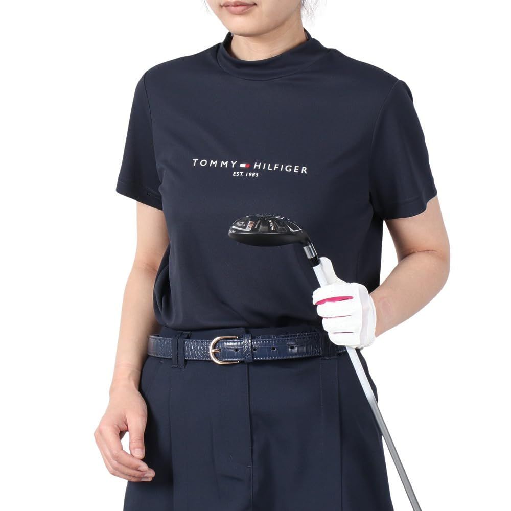 新品 [トミーヒルフィガー] GOLF ゴルフ フロントロゴ 半袖モックネックシャツ THLA512 ネイビー レディス Lサイズ