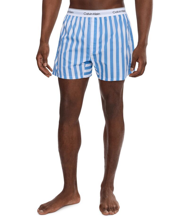カルバン クライン アンダーウェア メンズ ボクサーパンツ コットン Calvin Klein Underwear Cotton Poplin Boxers Vertical Boardwalk Logo Stripe Small Blue Descent ブ