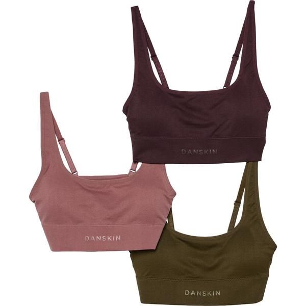 ダンスキン レディース アンダーウェア ブラジャー ロゴ Danskin Seamless Logo Scoop Neck Bralettes 3Pack Plum SyrahMauve MacaroonForest Shadow フォレスト