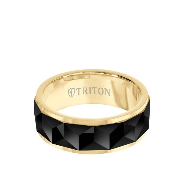 トリトン レディース アクセサリー 指輪 Triton 8MM Tungsten Carbide Ring with Faceted Chevron Pattern and Bevel Edge Metallic Gold ゴールド