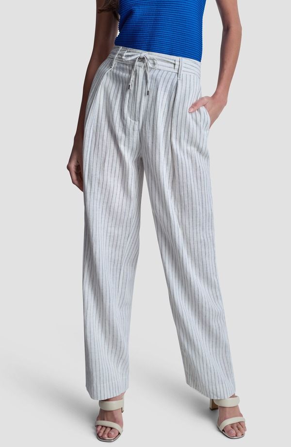 ダナ キャラン ニューヨーク レディース ボトムス レギンス パンツ リネン DKNY Stripe Linen Blendrawstring Pants IvoryAdmiral アイボリー