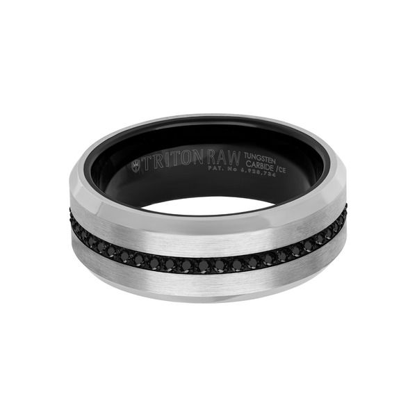 トリトン レディース アクセサリー 指輪 Triton 8MM Tungsten Carbide Ring with Eternity Black Sapphires and Beveledge Metallic Silver シルバー