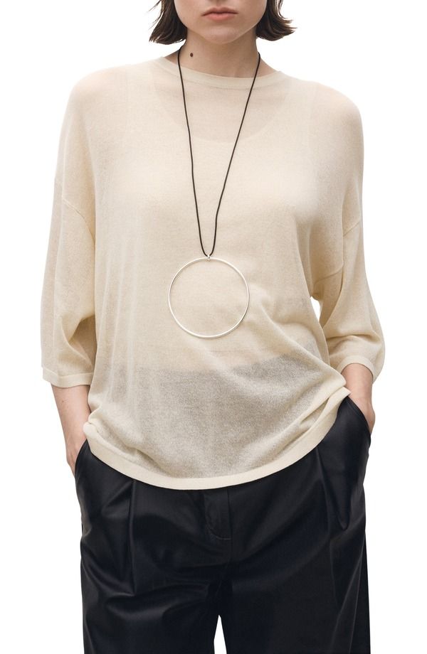 Mango Womens Outerwear Hoodie/Sweat Semi Sheer Sweater Sheer MANGO Semisheer ThreeQuarter Sleeve Oversized Sweater Ecru Ecru