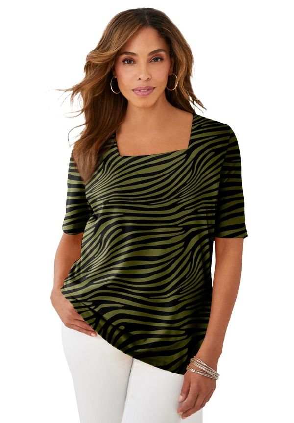 Jessica London Womens Tops Shirt Cotton Jessica London Stretch Cotton Square Neck Tee Olive Drab Zebra Olive