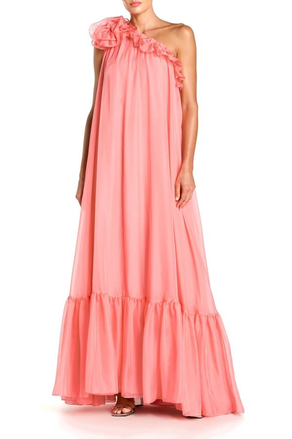 McDougall Womens Chiffon Maxi Top Dress Mac Duggal Womens One Shoulder Chiffon Maxi Gown with 3D Rosette Hibiscus