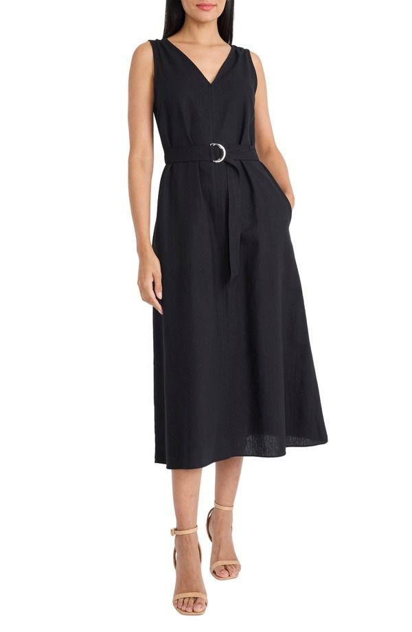 Maggie London Womens Top Dress V Neck Midi Maggy London Belted VNeck Midi Dress Black Black