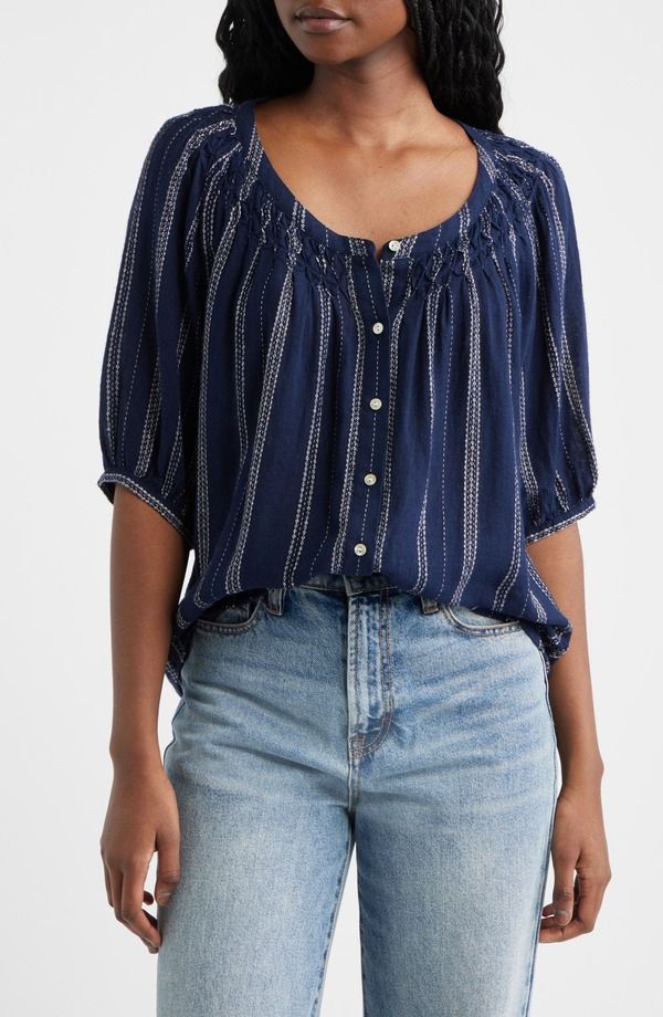 Rails Womens Embroidered Linen Rails Rix Embroidered Stripe Linen Blend Top Marina Stripe Stripe