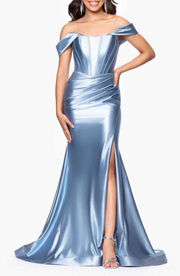 Betsy Adam Luanna Satin Off the Shoulder Corset Gown Slate Womens Top Dress