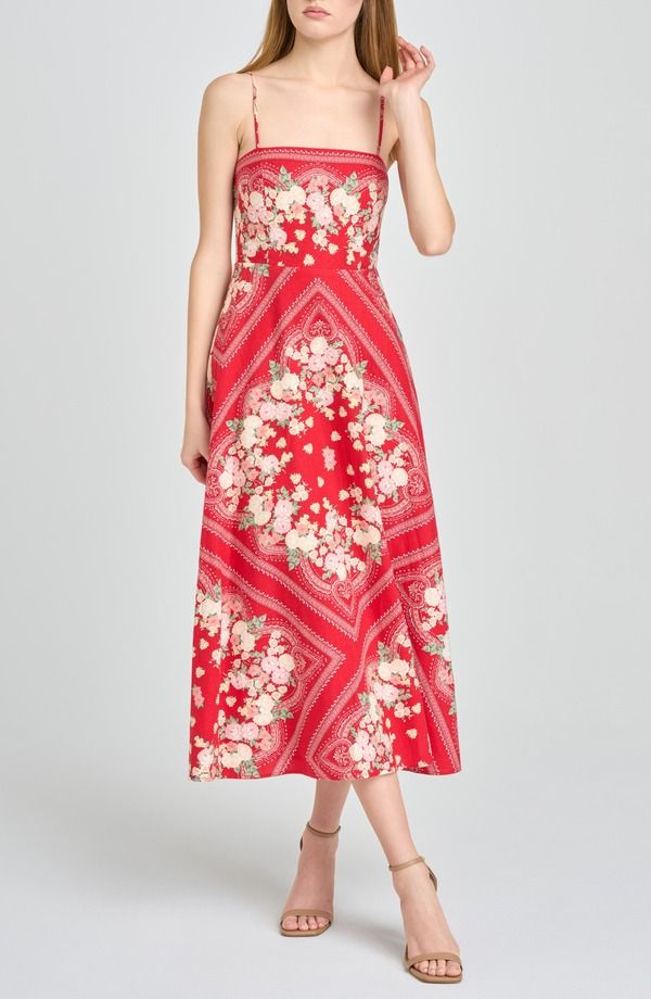 Wife Women's Tops Dress Flower Pattern Midi Flower WAYF Josefina Floral Midi Dress Red Scarf Red