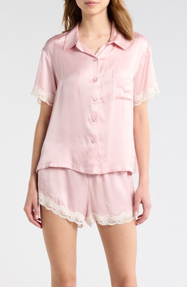 パピネール レディース アンダーウェア ナイトウェア レーストリム サテン レース Papinelle Annabelle Satin Lace Trim Short Pajamas Papinelle Pink ピンク