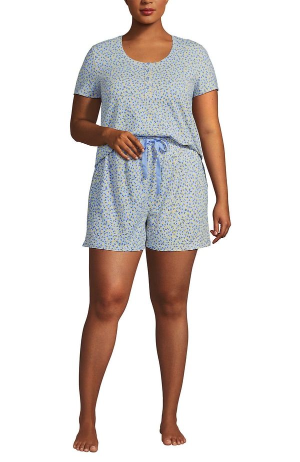 ランズエンド レディース アンダーウェア ナイトウェア ショートパンツ ニット Lands End Knit 2 Piece Pajama Set Short Sleeve Top and Shorts Misty Blue Floral ブルー