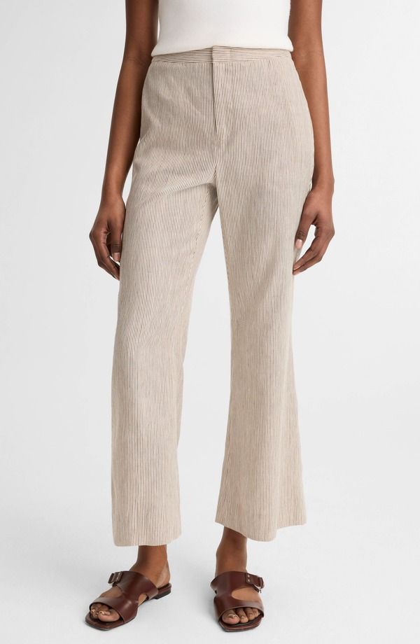 ヴィンス レディース ボトムス レギンス パンツ コットン リネン Vince Ticking Stripe Crop Flare Linen Cotton Pants Taupe Wood トープ